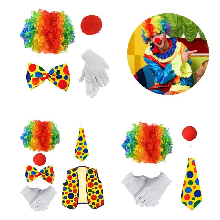 Full Feature Adult Clown Cosplay Set for Halloween Celebration Role Play Rainbow Wig Nose Bowtie Gloves Accessories Set