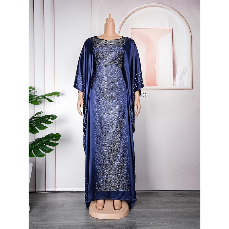 Plus Size Adjustable Belt Dresses Women's Drill Silk Satin Bat Sleeve Long Dress