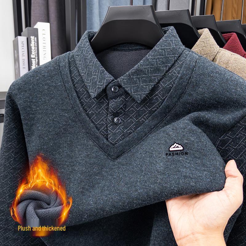 

Men s Winter Thickened Knitwear: High-End, Velvet-Lined, Two-Piece Lapel Sweater for Middle-Aged Dad Style 4XL