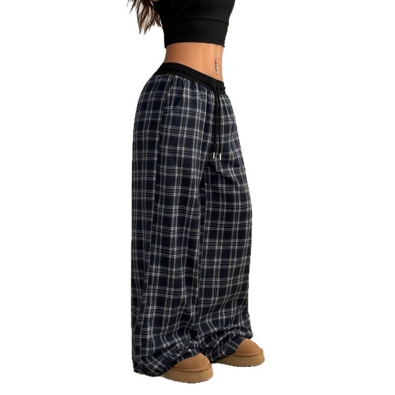 High Waist Loose Wide Leg Casual Pants Women Plaid Drawstring Trousers Daily Wear