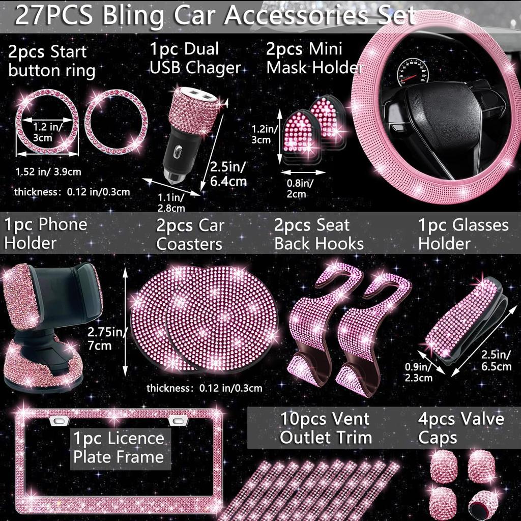 NBTEPEM 27-Piece Bling Car Accessories Set - Universal Fit Steering Wheel Covers, License Plate Frames, Phone Holder, Car Fast Charger, Coasters