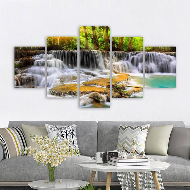 5 Panels Landscape Waterfall Posters and Prints Canvas Painting Wall Art Pictures Living Room Home Decor Lake Tree No Frame