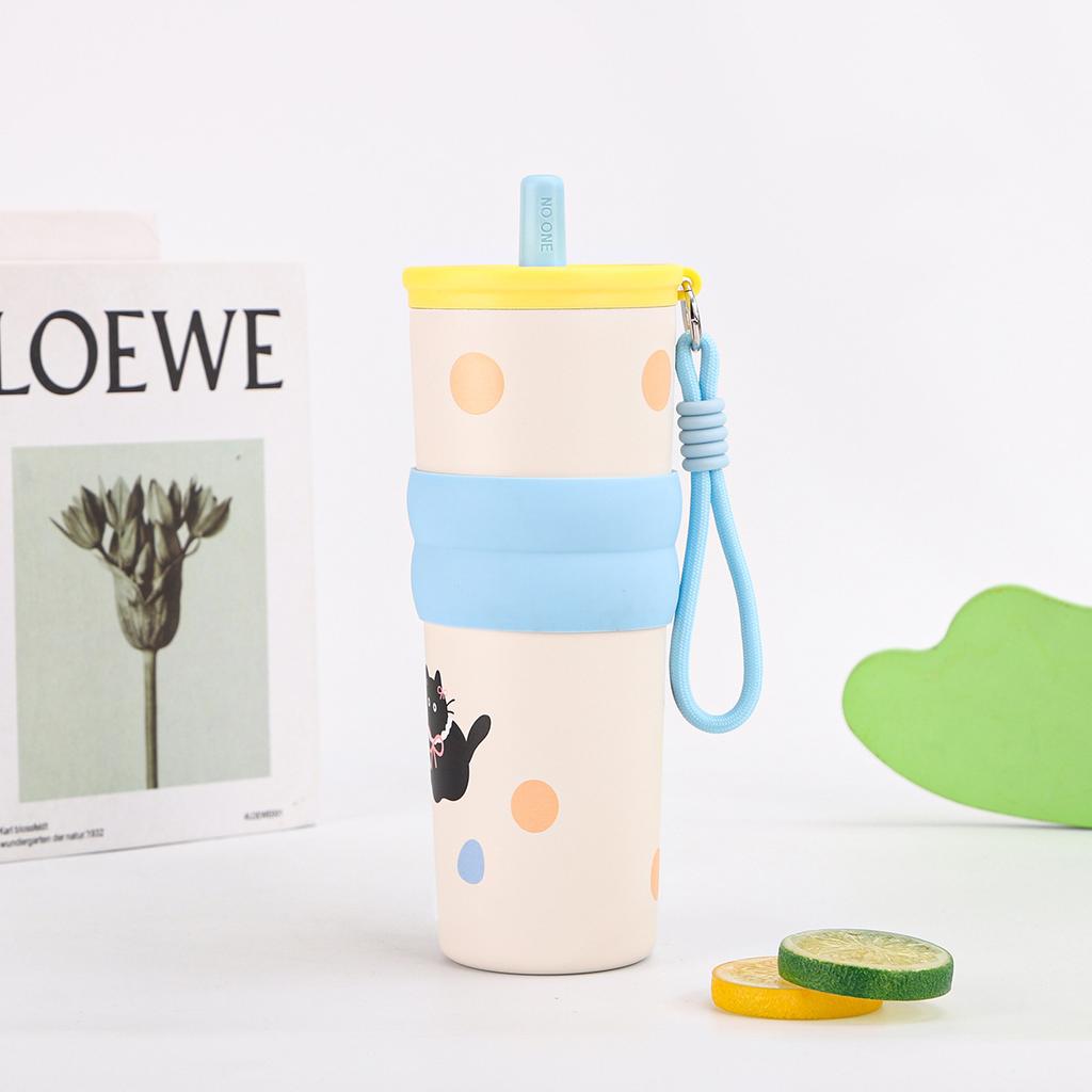 1pcs 500ml Stainless Steel Thermos Cup  Portable Cold-keeping Ice Cup, Outdoor Straw Cup with Lifting Rope Car Coffee Mug