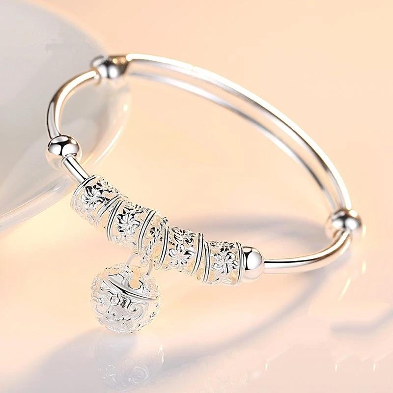 Fashion Women Jewelry 925 Silver Cuff Bracelet with Ball Bell Pendants Artificial Stone Charm Gift WHITE