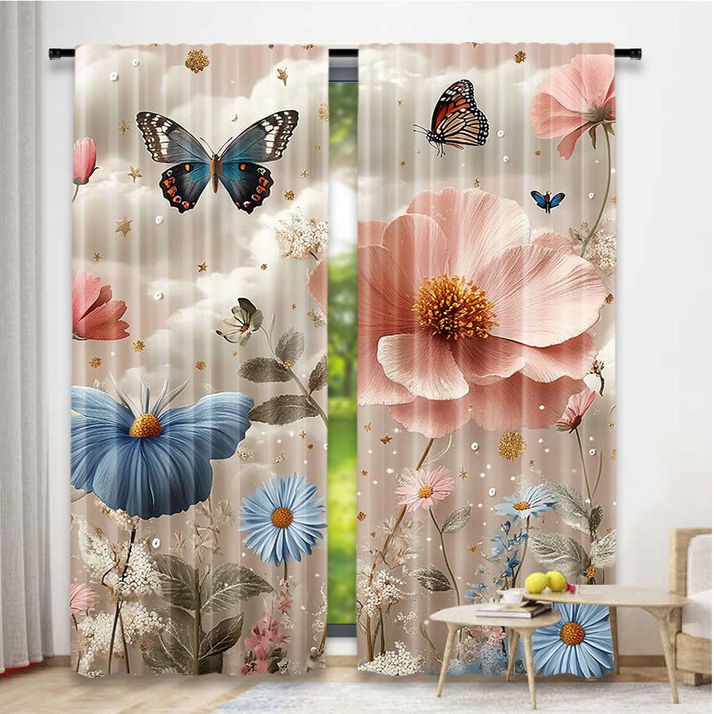2Pcs Floral Curtain Spring Flowery Efflorescent Garden With Petals And Butterflies For Living Room Bedroom And Dining Room