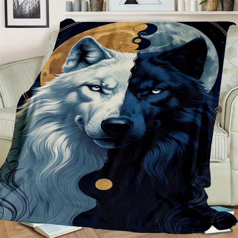 1Pc Wolf Moon Print Flannel Blanket, High quality Comfortable for All Seasons, Home Decor, Warmth and Comfort, Perfect for Christmas Gifts13