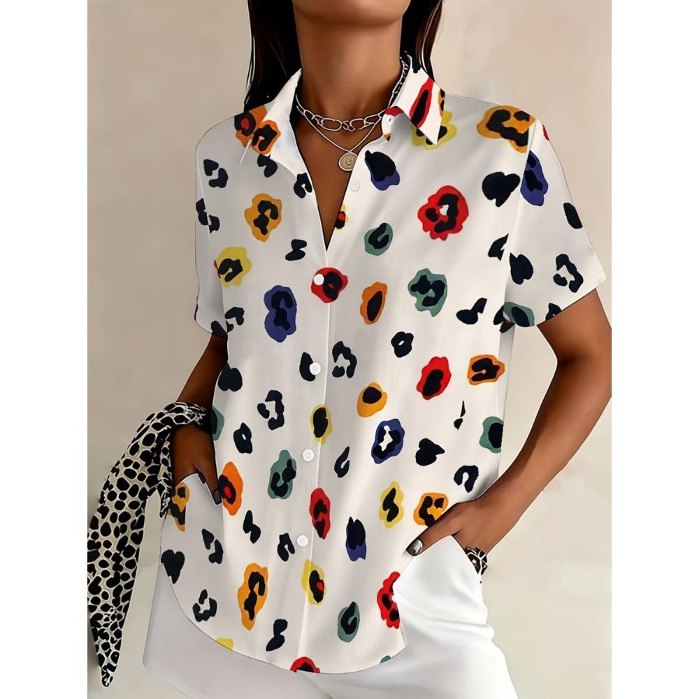 Women s Retro Geometric Striped Printed Button Short Sleeved Shirt with a Lapel Top, Summer Casual Short Sleeved Shirt S