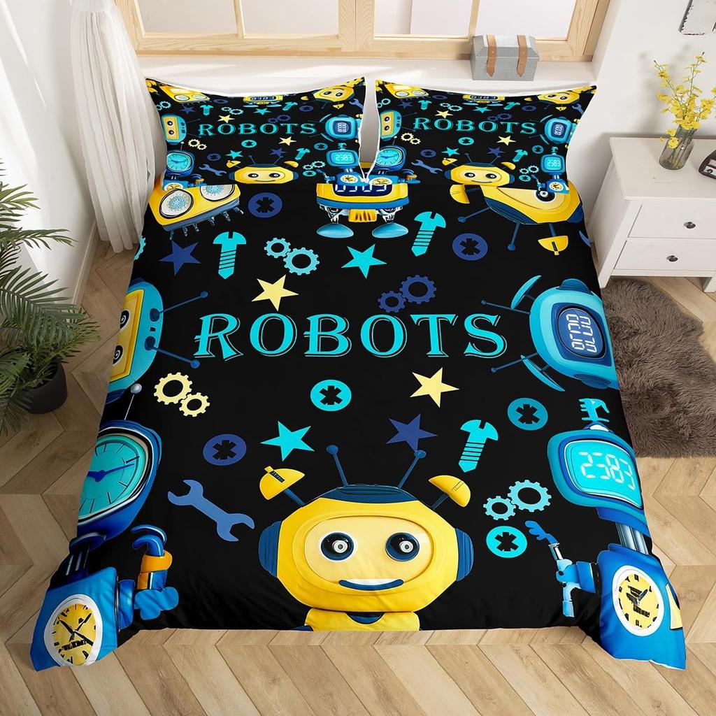 Cartoon Robot Duvet Cover Watercolor Screw Tools Bedding Set Modern Sci-Fi Robot Comforter Cover For Kids Polyester Quilt Cover