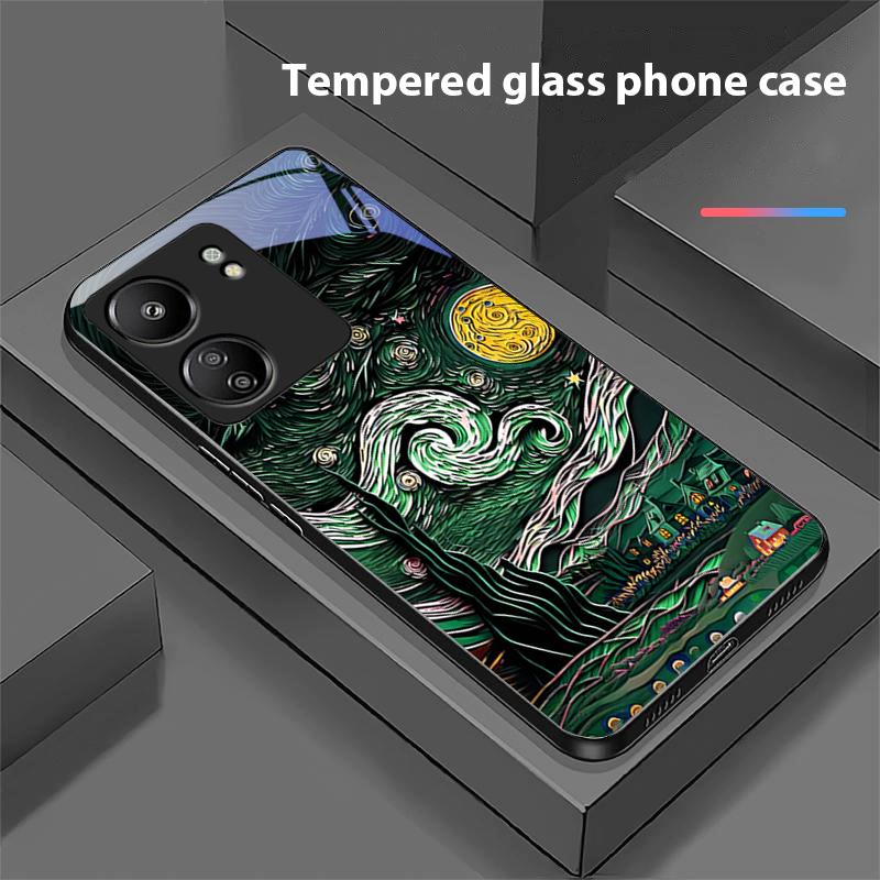 Retro Oil Painting For Xiaomi Redmi 13C Note13 12 Pro Plus 5G Note 9 13T Pro POCO X6 F5 F6 Black Tempered Glass Phone Case