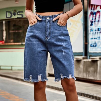 Damen-Bermuda-Shorts im Used-Look mit hoher Taille, knielang, zerrissen, dehnbar, Jeans-Shorts mit Taschen, ausgefranstem Saum, kurze Hose