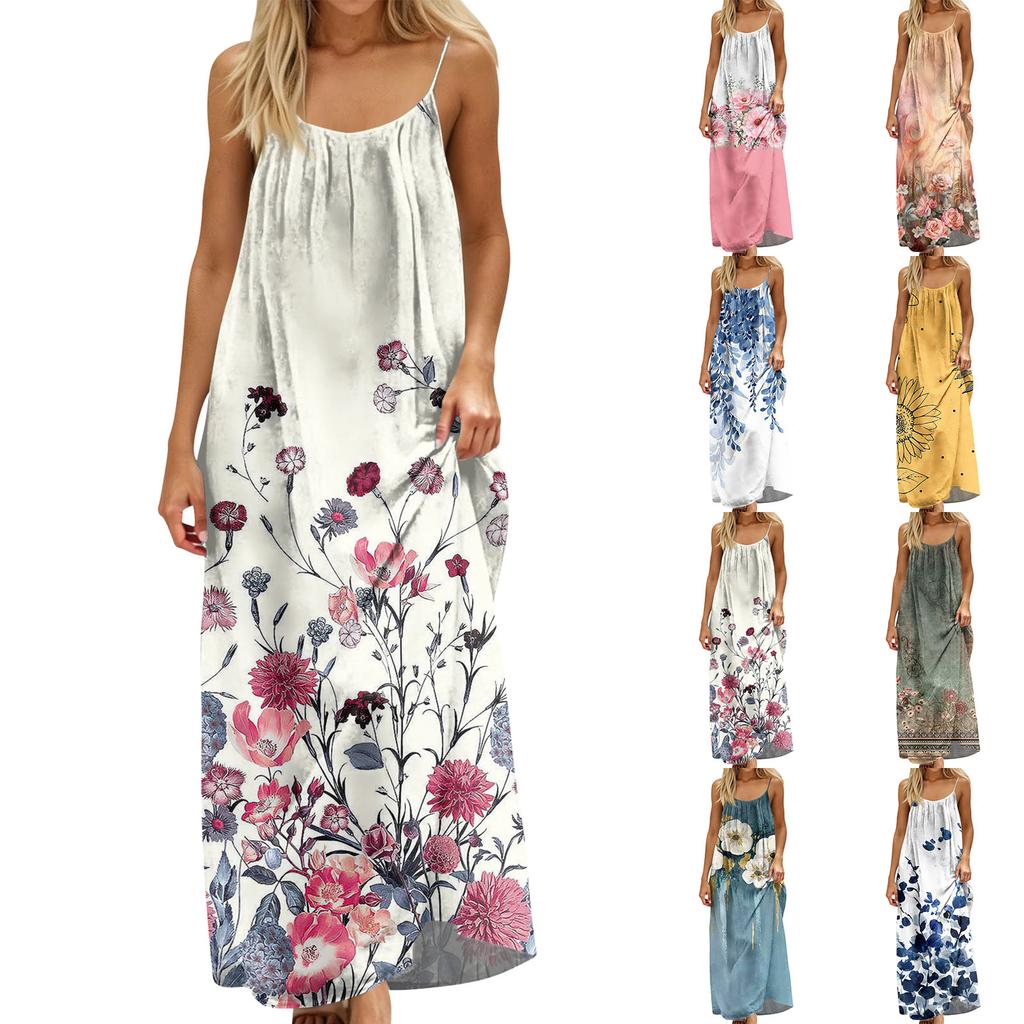 Women's Fashion Backless Spaghetti Strap Casual Loose Floral Print Dress