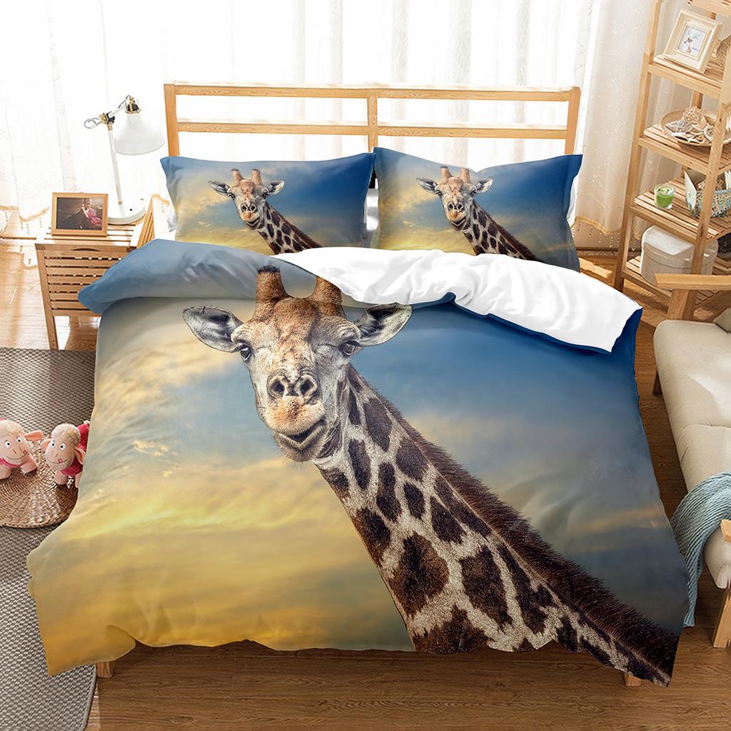 Farbenfrohe Giraffe Bettbezug-Set Niedliches Wildtiermuster Polyester Bettdeckenbezug Einzel-Doppelgröße für Kinder Bettwäsche-Set