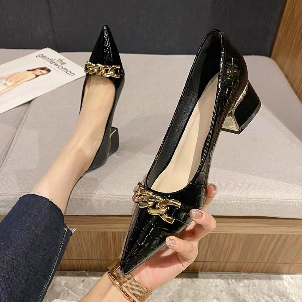 Fashion Women's Summer Footwear Black Shoes for Woman 2025 with Medium Heeled Square Office Pointed Toe Fashion Pumps Spring Mary Jane