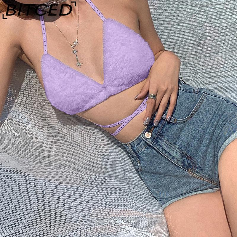 BITCED Spring/Summer Women's Versatile Solid-Colour Fleece-Lined Halter Neck Tie-Front Sexy Bandeau Top