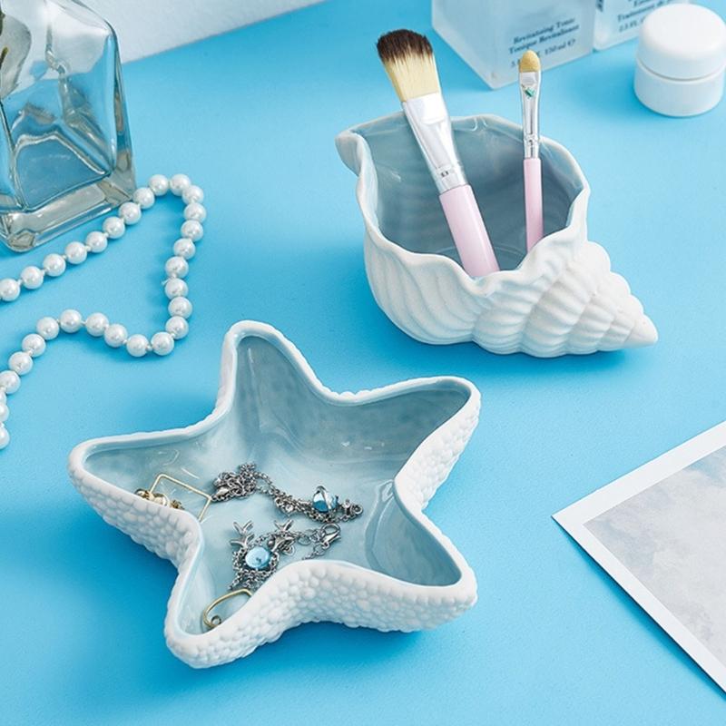 Elegant Coastal Themed Ceramic Dish For Jewelry Storage Makeup Vanity Tabletop Decorative Display Tray