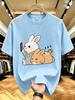 Unisex O Neck Tee Rabbit And Sleeping Cat Cartoon Art Print Cotton Short Sleeve Loose Summer Breathable Daily Casual Basic Wear Top