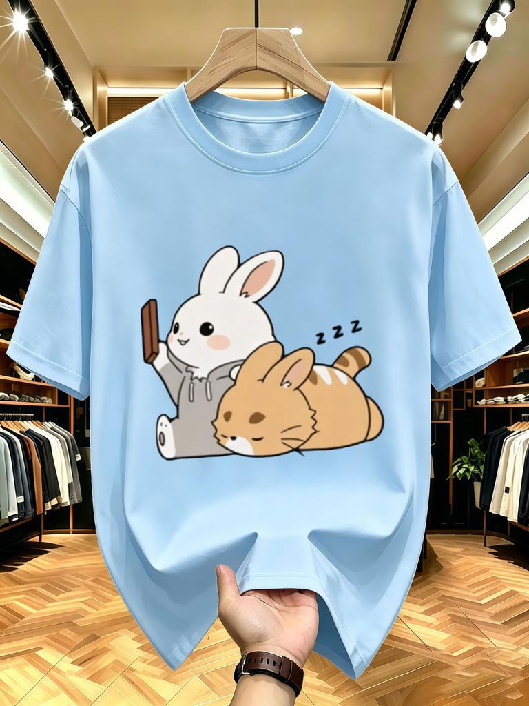 Unisex O Neck Tee Rabbit And Sleeping Cat Cartoon Art Print Cotton Short Sleeve Loose Summer Breathable Daily Casual Basic Wear Top