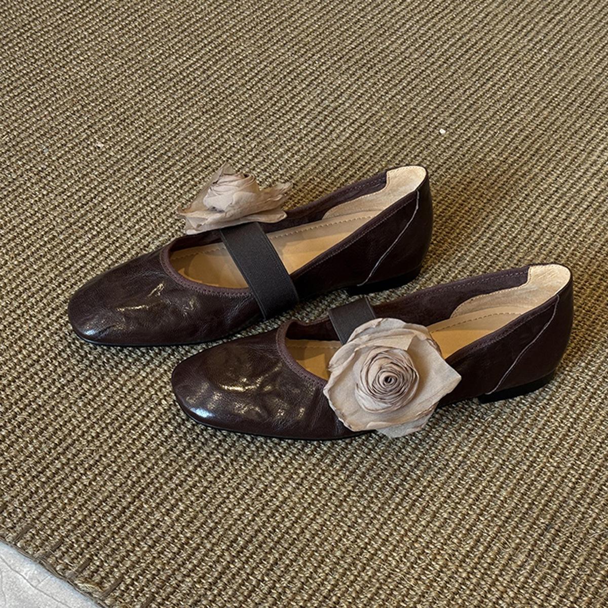 

Овчина~ Ретро ремень на одно слово съемный цветок неглубокий вырез одинарная обувь женская кожаная обувь на мягкой подошве неглубокие балетки 40