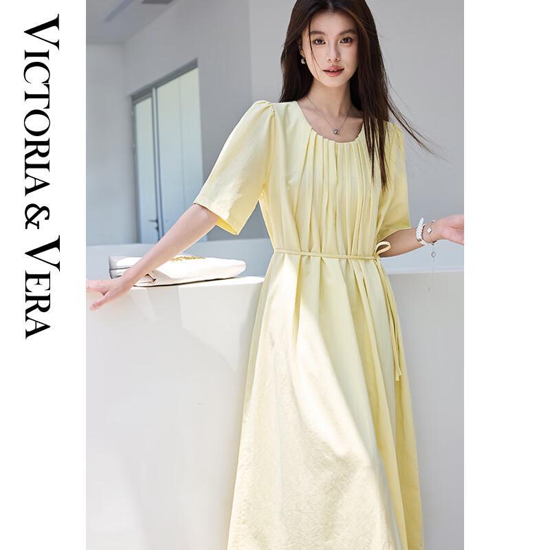 

VICTORIA&VERA Pleated Round Neck Short Sleeve Midi Dress V9015L13 L
