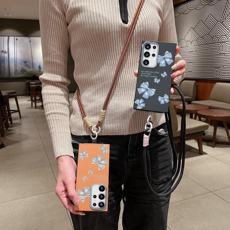 Bowknot Print Leather Texture Slim Matte Case For Samsung S25 Ultra S24 FE S23 A16 A56 A55 A36 A15 A35 Lanyard Rope Shockproof TPU Soft Phone Cover