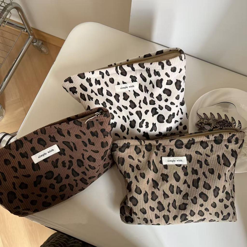 Vintage Corduroy Leopard Print Cosmetic Bag for Girl Female Large Women's Clutch Makeup Organizer Handbag Fashion Toiletry Case