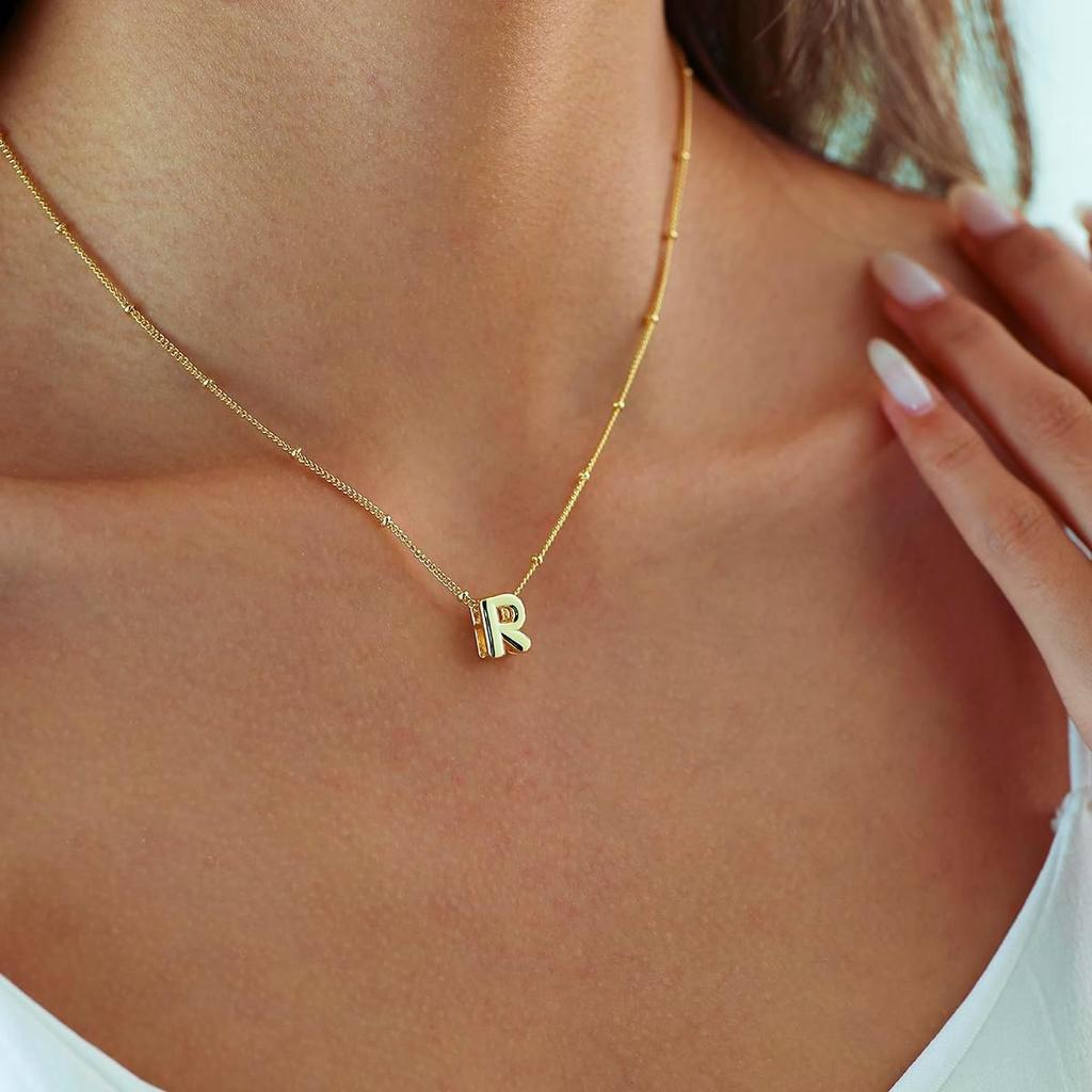 Bubble Letter Necklace Gold, Dainty Initial Necklaces for Women 14K Gold Plated Small A to Z Name Necklace Personalized Simple Initial Pendant Cute