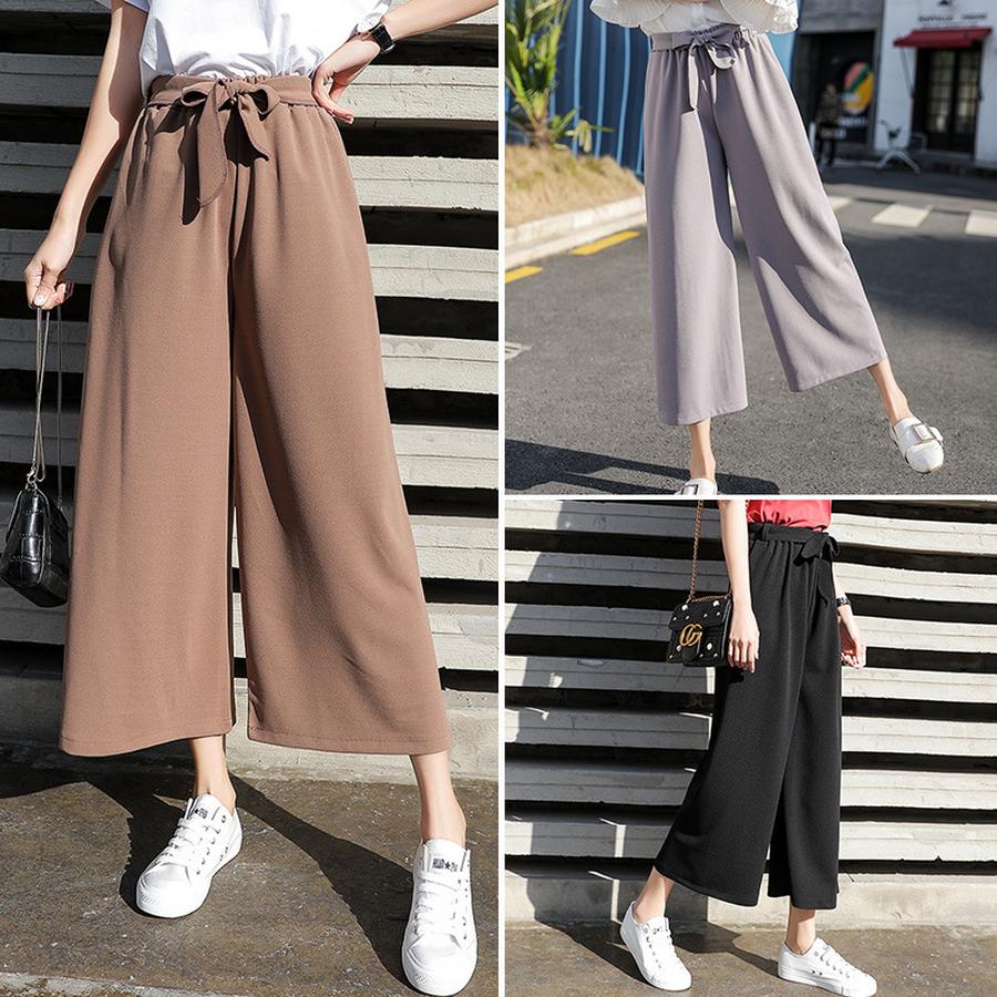 Women's Spring Korean Style Wide Leg Pants Loose Chiffon Casual Straight Leg Trousers with Tie Waist and High Waist for Summer