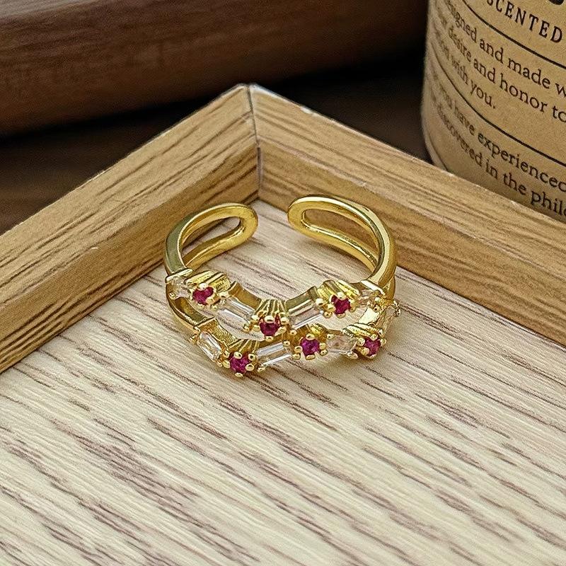 French Medieval Retro Brushed Four-Leaf Clover Open Ring Niche High-End Diamond-Encrusted Zircon Flower Index Finger Ring Female