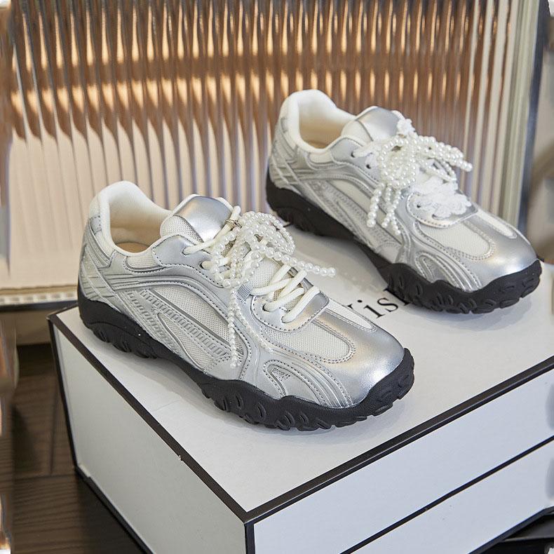 Genuine Leather 2025 Spring New Lace Pearl Casual White Shoes for Women, Thick Soled Sports Forrest Gump Shoes for Women