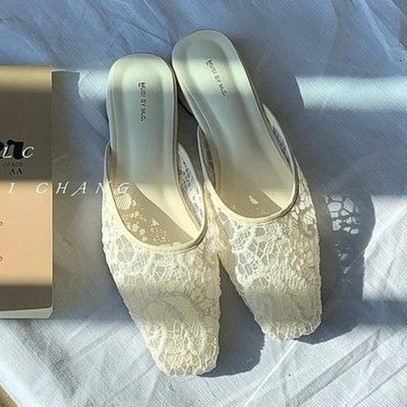 Mesh Hollow Slippers Women Heeled Sandals Square Toe Lace Shoes Casual 2025 Trend Chunky Mules Summer Dress Woman Comfort Slides