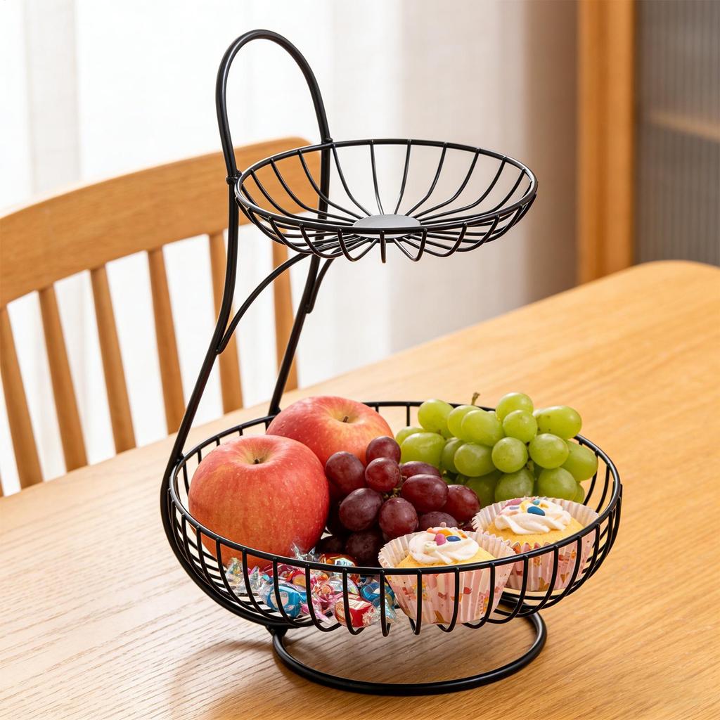 Cesto Portfrutta in Metallo a 2 Piani Contenitore per Verdura Supporto Frutta da Banco per Bancone Scaffale Dispensa Festa Buffet Sala Relax Appartamento