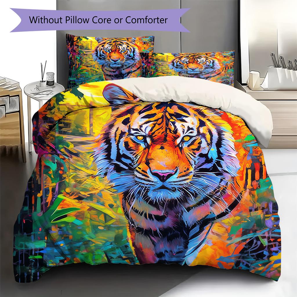 Tiger Fox Art Pattern Bedding Quilt Set Quilt Cover Pillowcase Home Decoration Gift (1 * Duvet Cover + 2 * Pillowcase, Without Core)