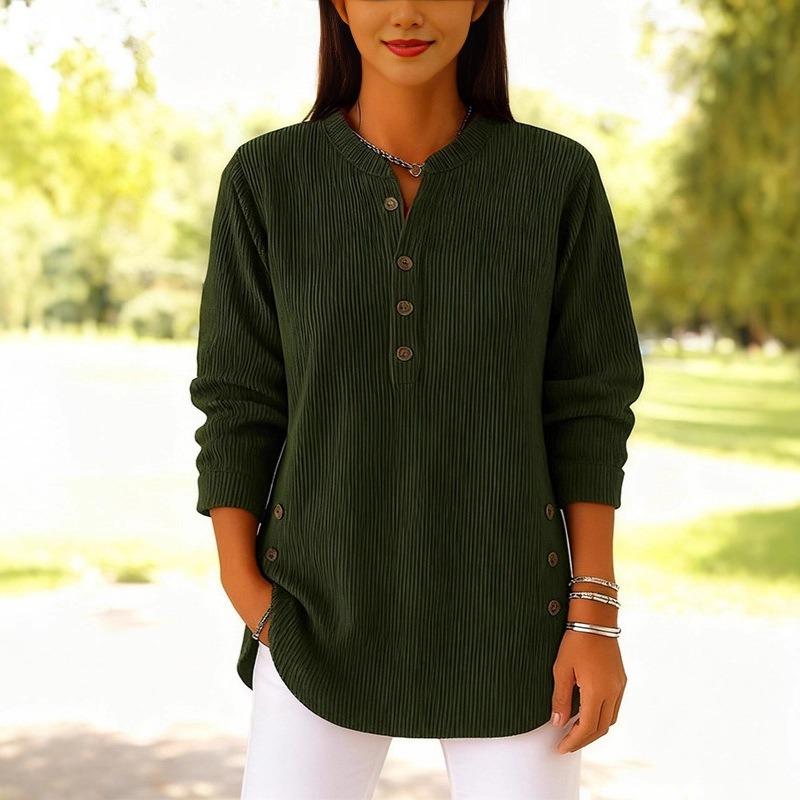 Blusa Informal de Terciopelo Rojo para Mujer Otoño, Cuello Henley con Botones, Dobladillo Curvo