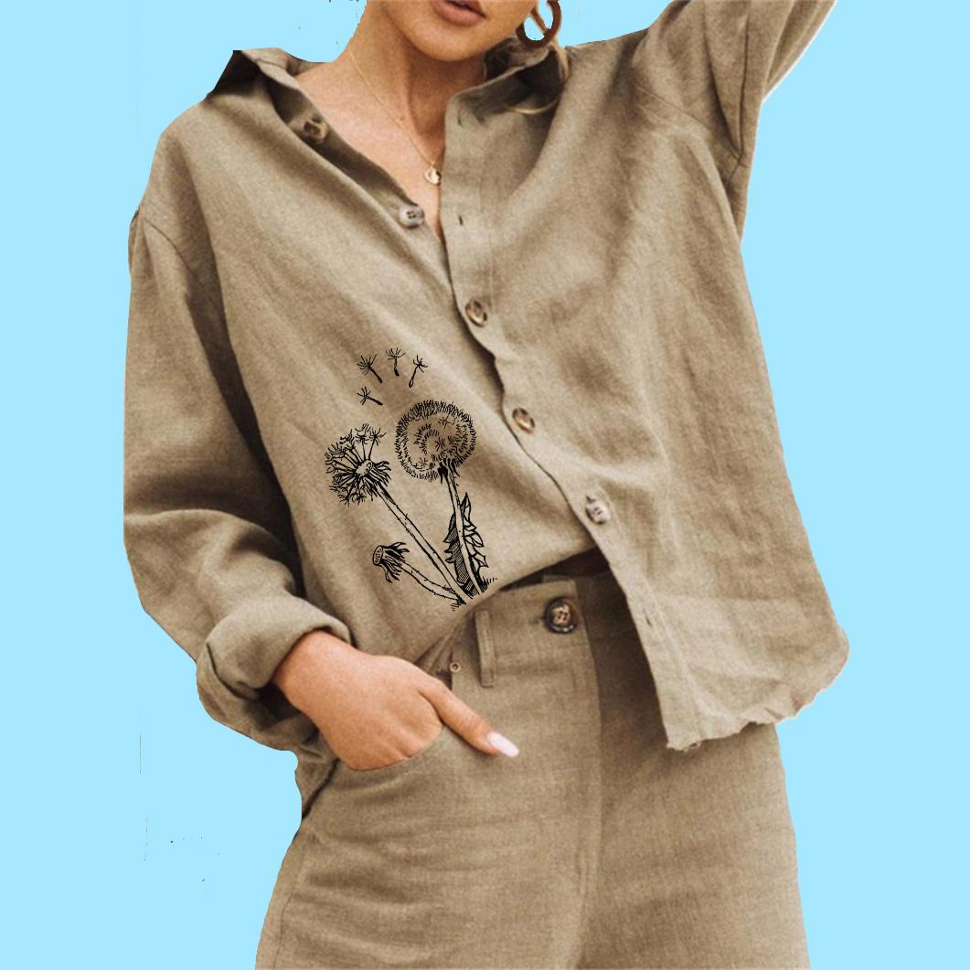 

Женская модная блузка с цветочным принтом, повседневная льняная рубашка на лето и осень, свободный топ с длинными рукавами и застежкой на пуговицы 3XL хаки