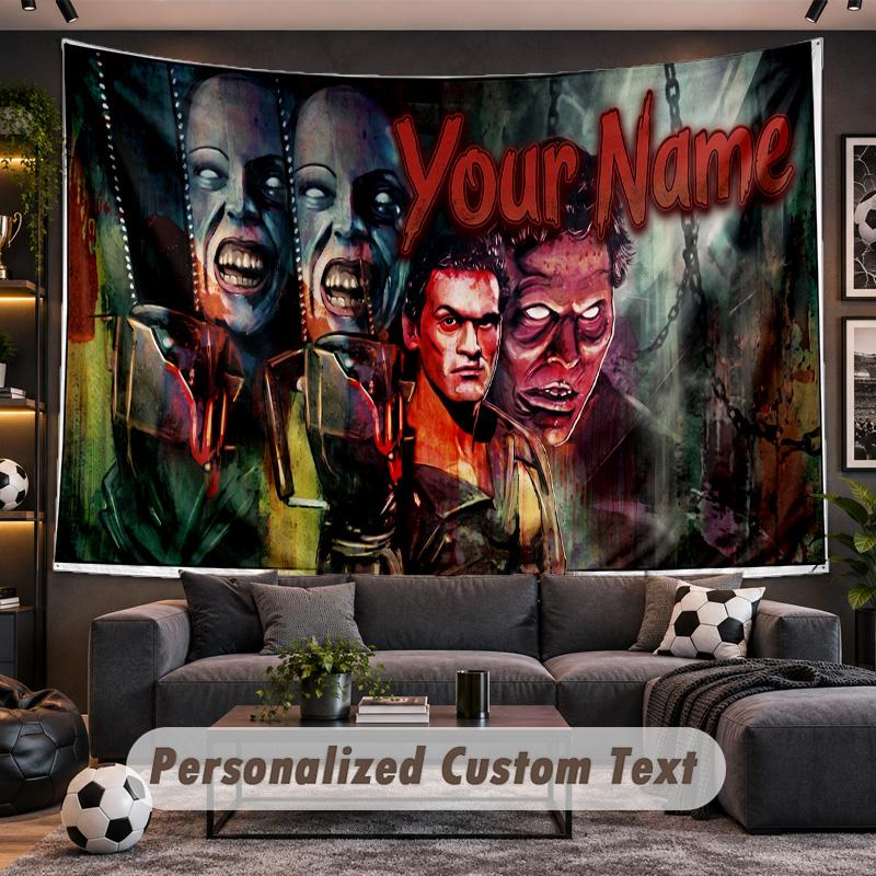 Evil Dead Ash Williams Personalisierte Wandteppich-Unterstützung mit individuellem Namen, Wandkunst Heimdekoration