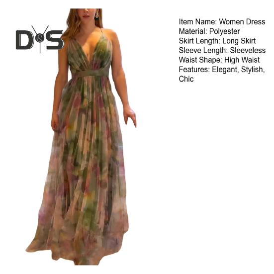 Damen-Maxikleid aus Netzstoff mit Spaghettiträgern, tiefem V-Ausschnitt, rückenfreies Abendkleid, Camisole-Kleid mit Blumenmuster für Cocktailpartys