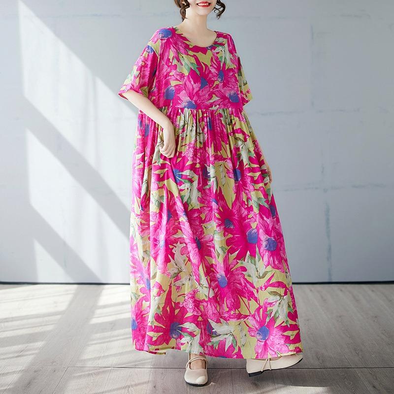 Simple Bohemian Long Dress Summer New Fat Plus Short Sleeve Crew Neck Printing with Women's Clothing