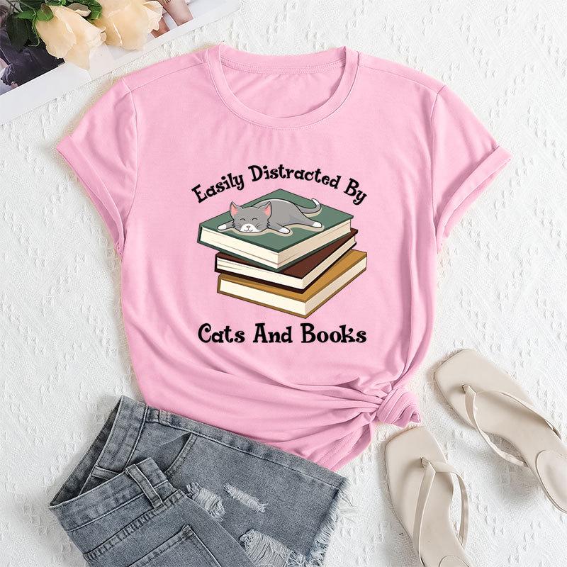 Summer Women's Fashionable Letter Cat Short Sleeved Casual Loose Cotton Round Neck Top