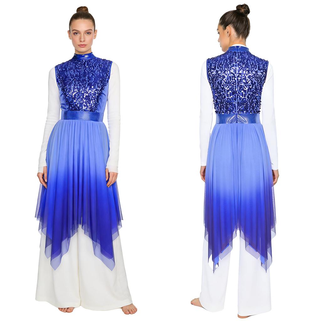 Womens Worship Praise Dance Dress Glittery Sequined Sleeveless Bodice Gradient Mesh Irregular Hem Lyrical Liturgical Dance Costume