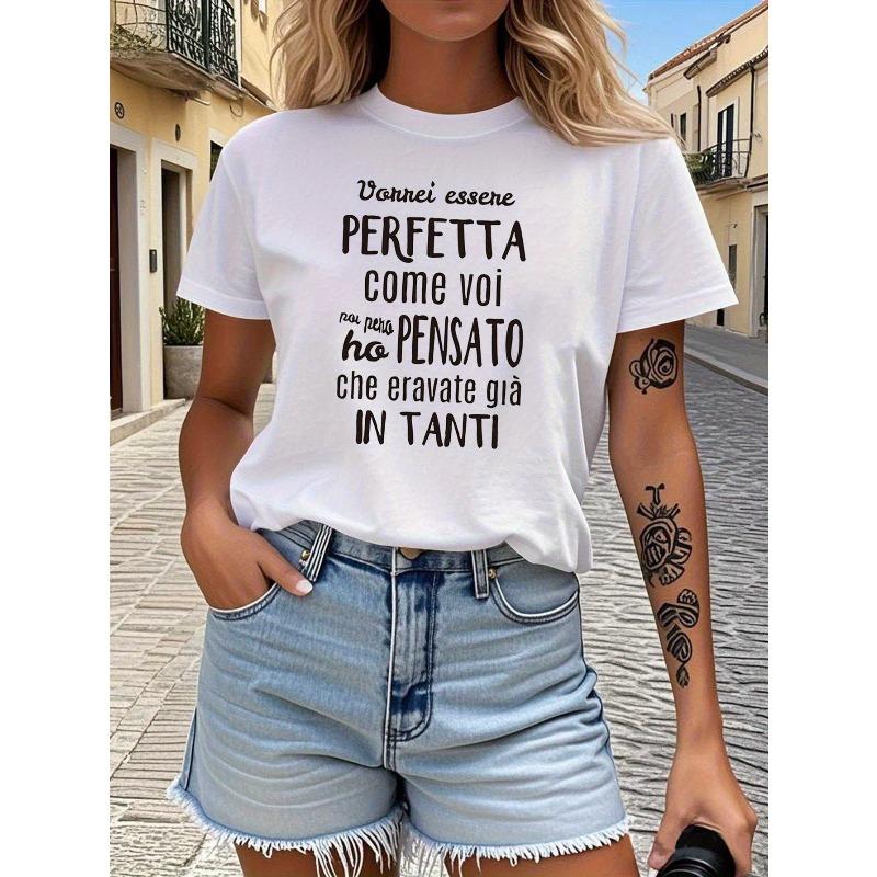 Italian Humorous Self - Mockery - Printed T - Shirt, Women'S Casual Crew - Neck, Literary Gathering, Daily Leisure Season