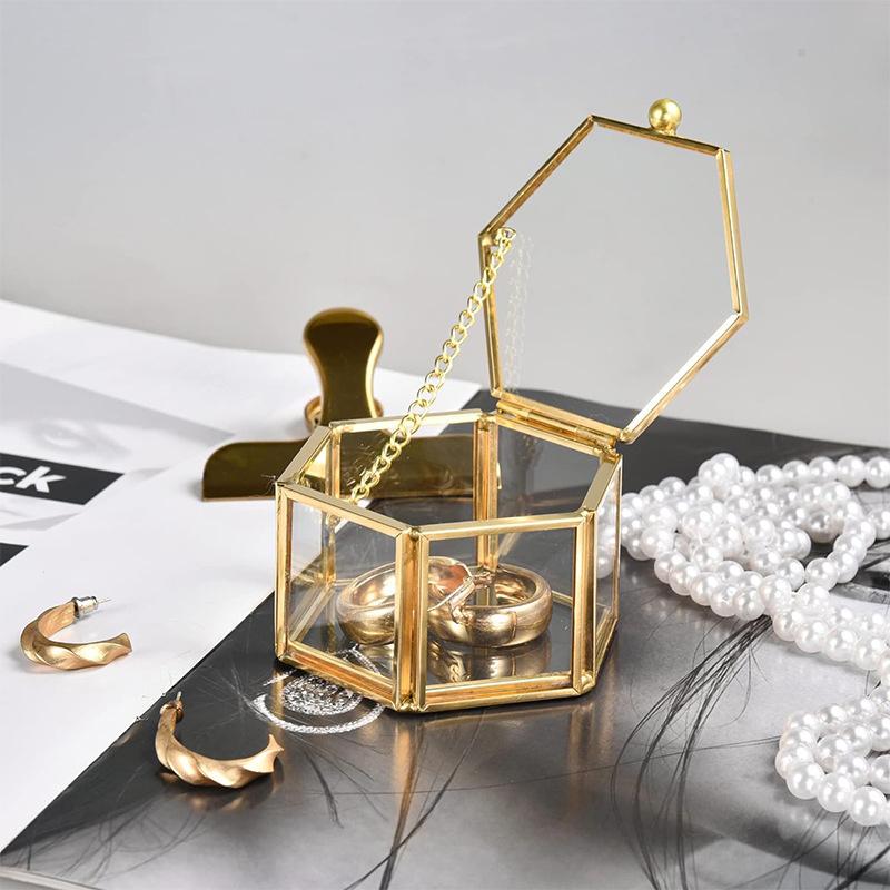 High-End Hexagonal Ring Box, Gold And Jewelry Accessory Box, Golden Glass Luxurious And Retro Jewelry Storage Box