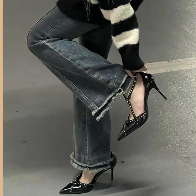 Fashion French Vintage Pointy Riveted High Heels for Women 2025 Spring and Autumn New Skinny with Punk Style with Sexy Single Shoes