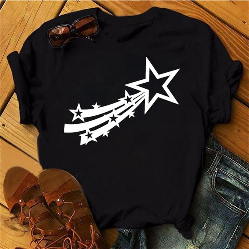 Maycaur Woman Star Moon Print Harajuku Summer Tshirts Casual Round Neck Short Slee Top Tee Shirt Women Black T-shirt Drop Ship