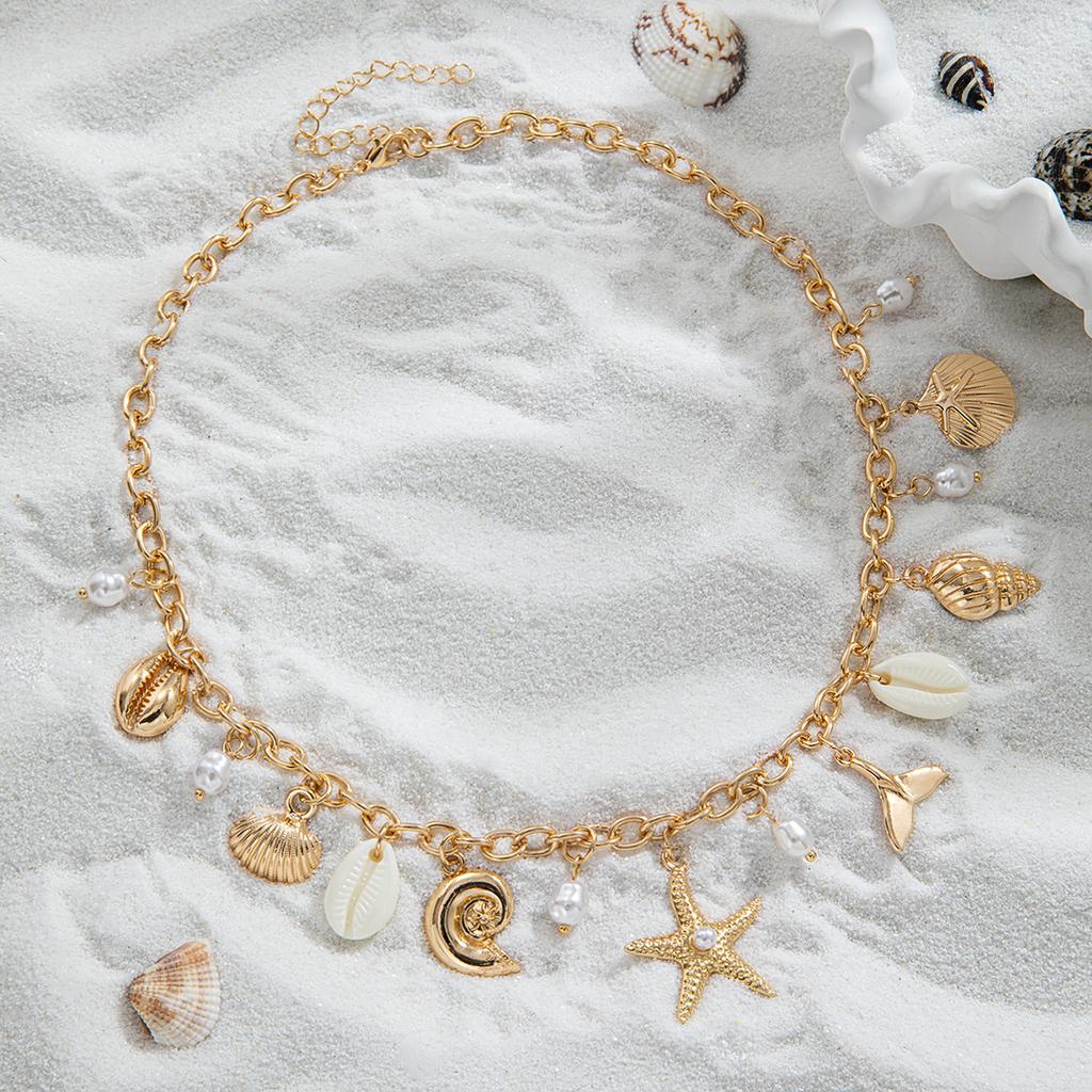 Women's Gold Thick Chain Starfish Shell Pearl Choker, Versatile Vacation Style Clavicle Necklace for Seaside