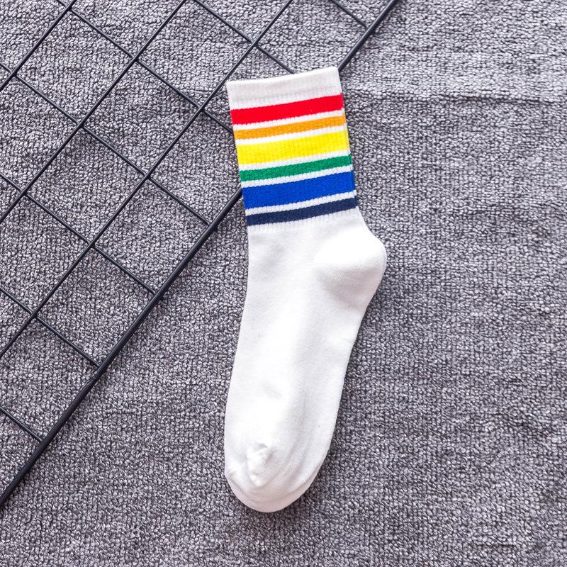 Girls' Japanese & Korean Style Rainbow Striped Mid-Calf Socks - Cute & Trendy