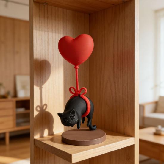 Cute Cat with Red Heart Balloon Figurine 3D Printed Romantic Love Heart Kitten Statue for Desk Shelf Decor Gifts for Cat Lovers