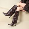 New Pointed Toe Belt Buckle Boots Women's Outer Wear Autumn and Winter Riveted Trouser Pipe Knight Boots