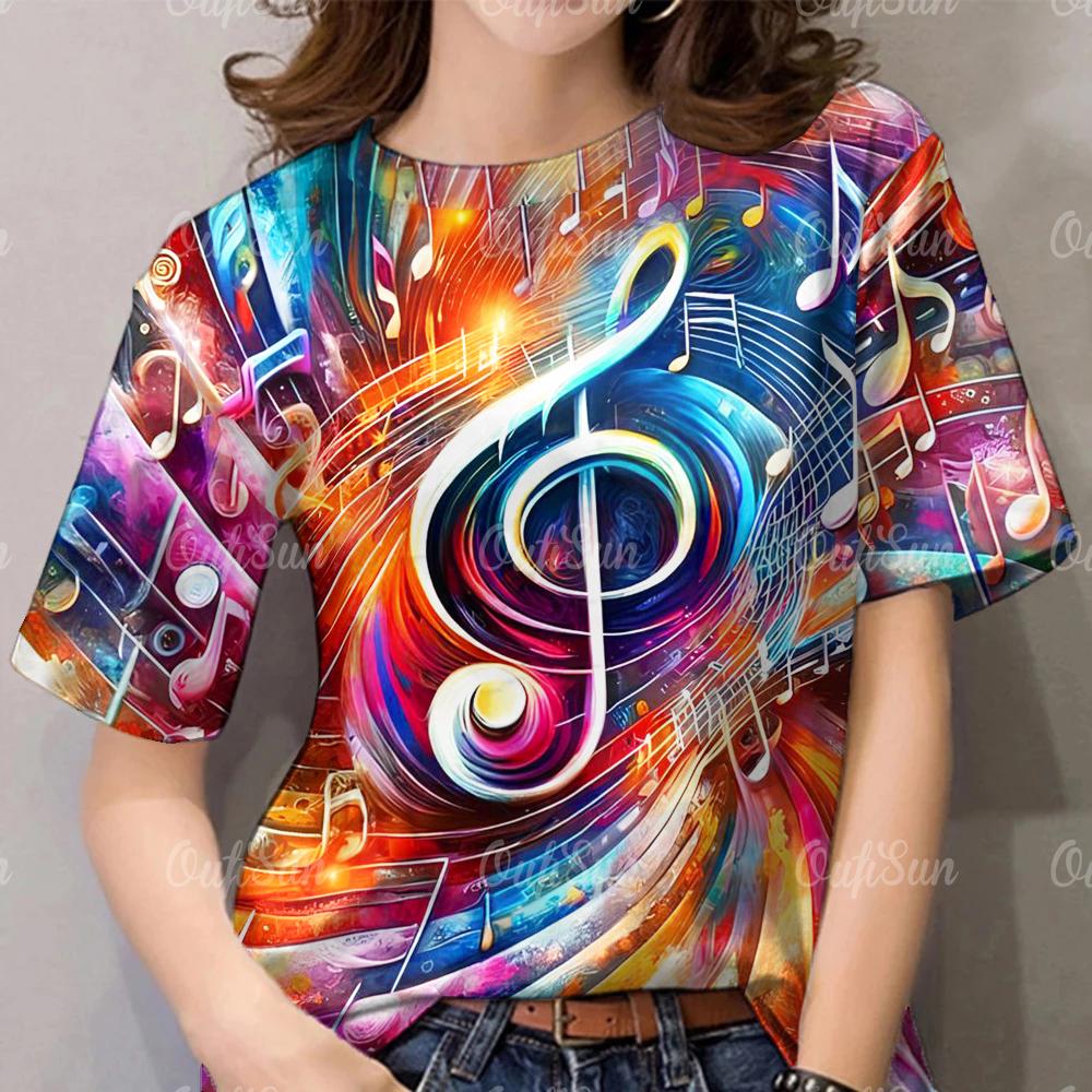 Summer Women's T-Shirt Fashions Colour Note Round Neck Tops Geometric Pattern Casual Plus Size Female Clothing Designer Tshirts