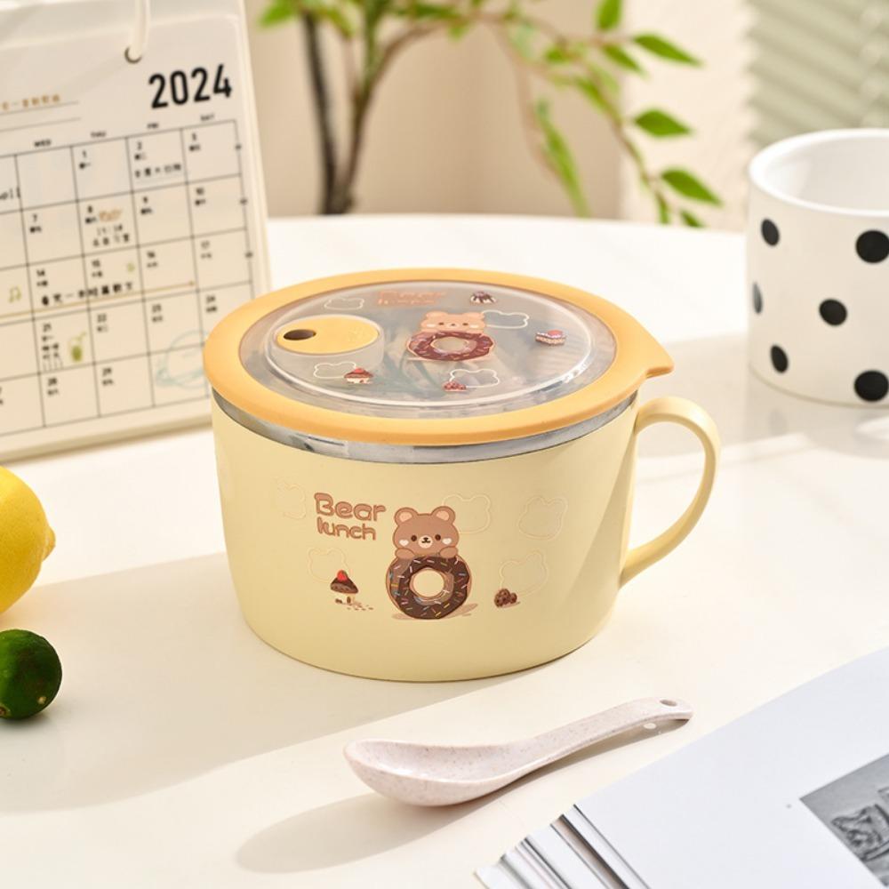 Stainless Steel Instant Noodle Bowl Bear Pattern Anti-scald Lunch Box Double Insulated with Lid Rice Bowl Kitchen Supplies