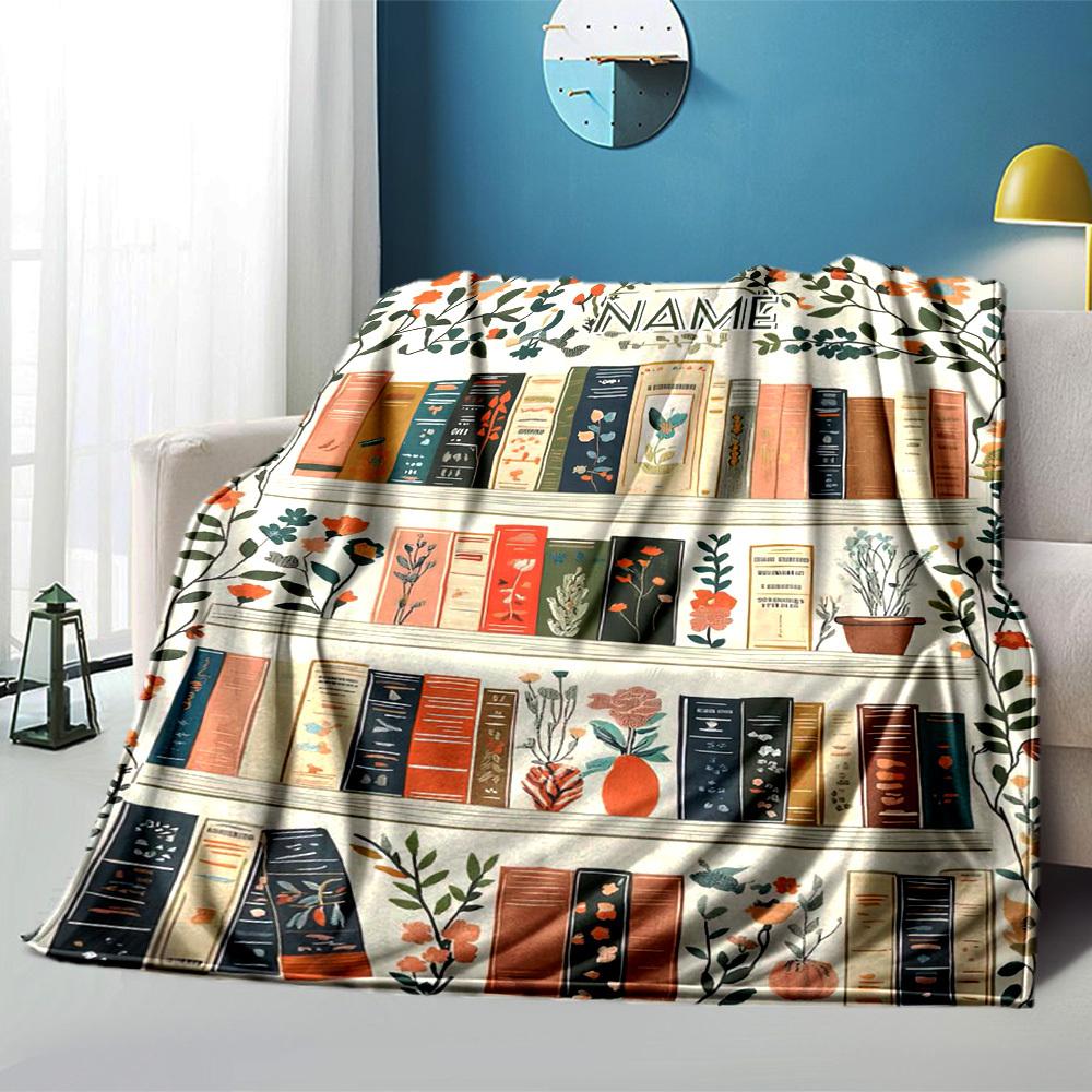 Floral Bookshelf Home Customize Your Name Blankets Cozy Soft Lightweight Allseason Multipurpose Blanket For Picnics Sofas Offices Beds Living Rooms